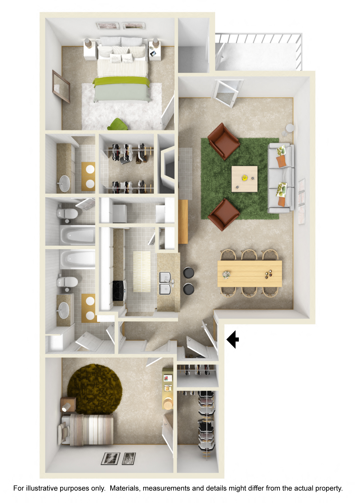 Floor plan for 2 beds, 2 baths, 1100 sqft